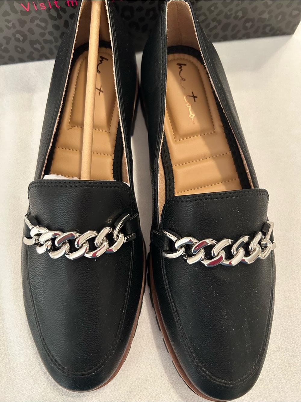 me too Black Loafers with Silver Chain Trim